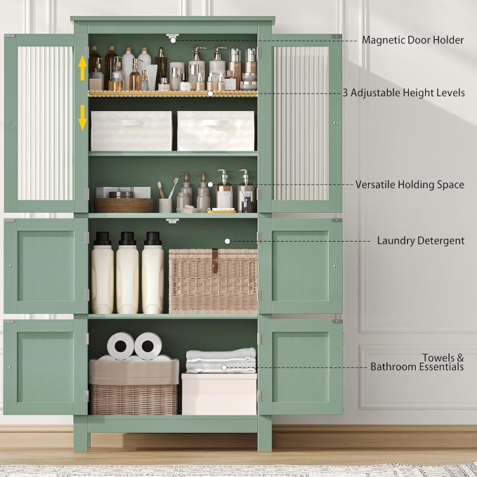 Akxomel 53.1" H Tall Bathroom Storage Cabinet, Bathroom Floor Cabinet with 6 Doors and Adjustable Shlef, Linen Cabinet, Pantry Cabinet for Living Room, Kitchen, Entryway, Green