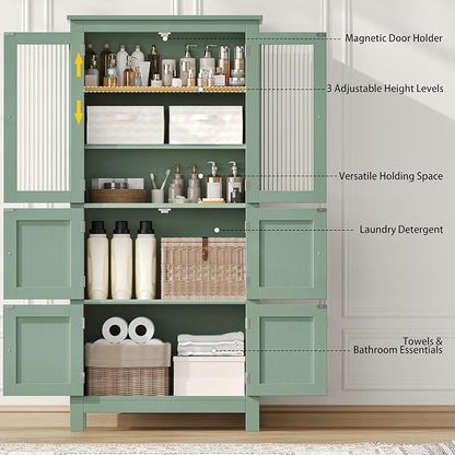 Akxomel 53.1" H Tall Bathroom Storage Cabinet, Bathroom Floor Cabinet with 6 Doors and Adjustable Shlef, Linen Cabinet, Pantry Cabinet for Living Room, Kitchen, Entryway, Green