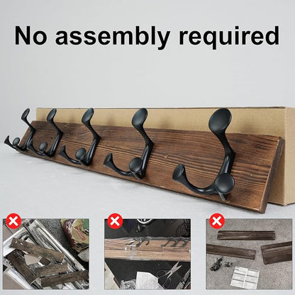 SKOLOO 24-Inch Wood Coat Rack Wall Mount with 5 Triple Hooks - Ideal for Family Entrances, Classrooms, and Pet Supplies Storage - Perfect Coat Hooks for Wall,Charred Golden Brown