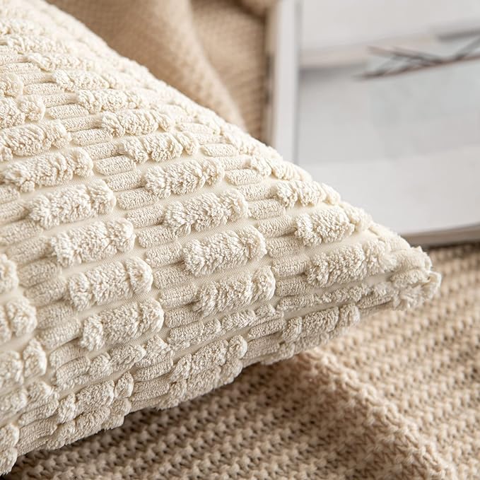 MIULEE Pack of 2 Corduroy Decorative Lumbar Throw Pillow Covers 24x12 Inch Soft Boho Striped Pillow Covers Modern Farmhouse Home Decor for Sofa Living Room Couch Bed Cream White