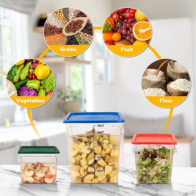 4 Pack Food Storage Containers, 8 Quart with Lids, Square Commercial Containers with Scale, NSF, Polycarbonate, Clear