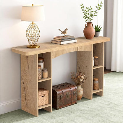 55 Inch Entryway Table Single-Shelf Cabinet, 1.6 Inch Thick Desktop Wooden Console Table with Socket Farmhouse Sofa Table for Entrance, Hallway, Living Room,Behind Couch(Natural Brown)