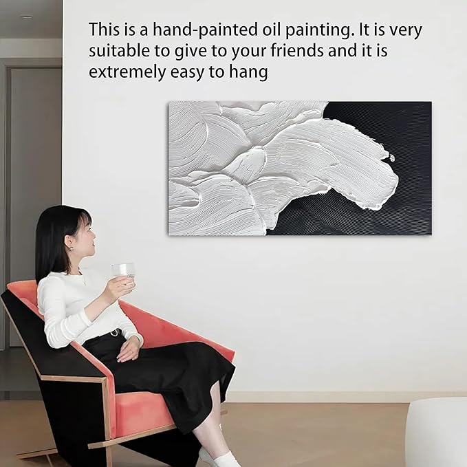 Tarfupth Black and White Abstract Wall Art for Living Room Hand-Painted Large Abstract Wave Oil Paintings Artwork for Bedroom Office Home Decor 24x48 Inch