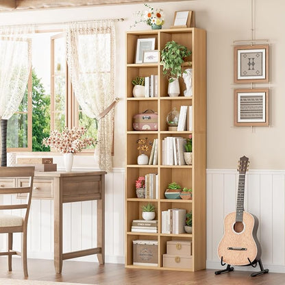 FOTOSOK 71'' Tall Bookshelf with 14 Cubes, 7 Tier Double Wide Wood Bookshelf with 6 Adjustable Shelves, 19.6" Narrow Bookcase DVD/CD Media Storage, Space Saving Display Shelf Cabinet, Natural