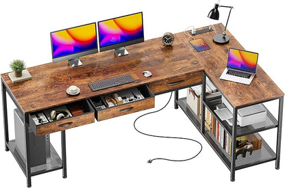 PRAISUN 63 Inch L Shaped Office Desk with Power Outlets and Type-C Port, Large Computer Gaming Desk with 3 Fabric Drawers, Mesh Shelves, Corner Study Work Writing Desk, Rustic Brown