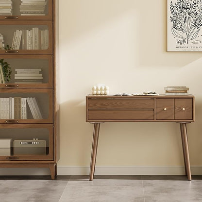 Wood Vanity Desk with Mirror and Lights, Dressing Vanity Table Vanity Set 4 Drawers, 40 Inch Large Make Up Vanity Table Wooden with 3 Lighting Modes for Bedroom Walnut(with Adapter)