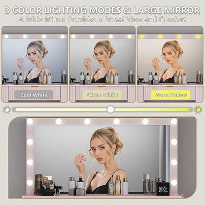 Fluted Makeup Vanity with Large Lighted Mirror and Chair, 7 Drawer Dressing Table with Power Outlet and USB, Elegant Vanity Desk with Cushioned Stool for Bedroom, Women, Girls
