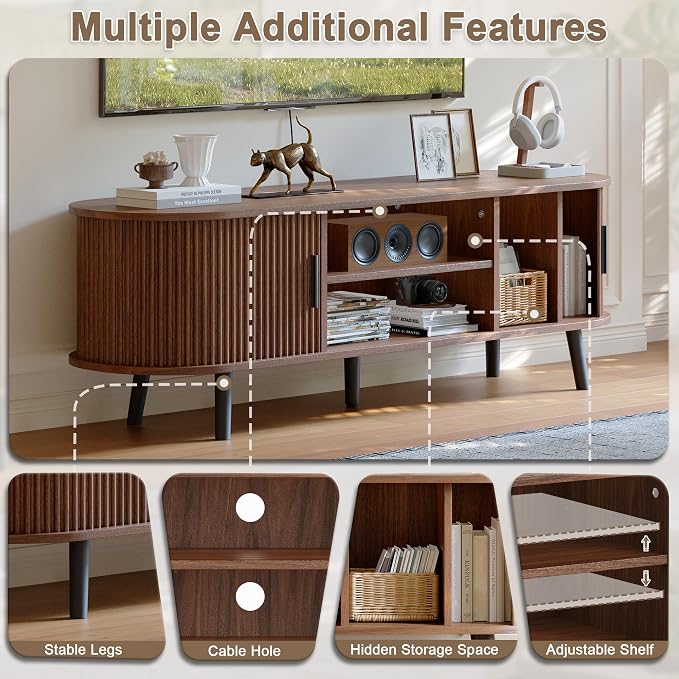 ChooChoo Mid Century Modern TV Stand for TVs up to 60 Inch, Entertainment Center with Fluted Sliding Doors and Hidden Storage, TV Console with Adjustable Shelf for Living Room, Bedroom, Walnut