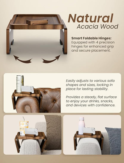 HOLANA 15.75" Acacia Couch Armrest Table - Wood Couch Arm Tray with Phone Holder – Sofa Side Table, Armchair Caddy, Sofa Arm Table for Home Sofa Living Room (Walnut)