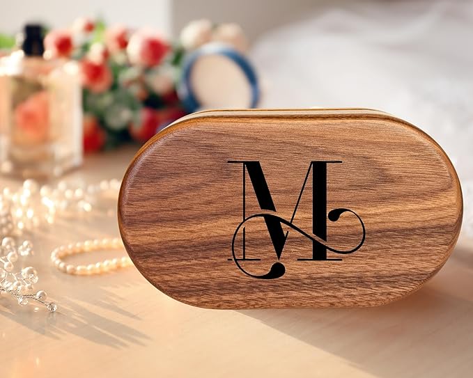 Mothers Day Gifts for Women - Personalized Wooden Jewelry Box - Custom Engraved Oval Jewelry Box Initial Letter, Unique Gift for Mom, Personalized Mothers Day Gifts for Grandma
