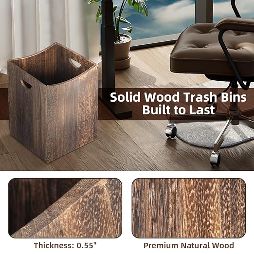 2 Pack Large Wooden Trash Can 9 Gal Curved Design Office Waste Basket, Square Farmhouse Garbage Can, Brown Vintage Wood Trash Can Storage Basket With Handles for Bedroom Office Living Room Decorative