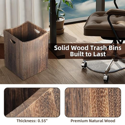 2 Pack Large Wooden Trash Can 9 Gal Curved Design Office Waste Basket, Square Farmhouse Garbage Can, Brown Vintage Wood Trash Can Storage Basket With Handles for Bedroom Office Living Room Decorative