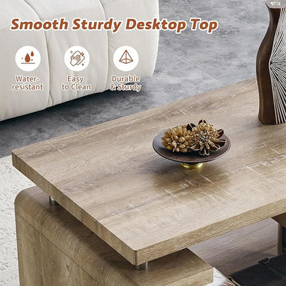 43.5" Coffee Table, 3-Tier Modern Center Table with Storage, Large Wood Coffee Table for Living Room, Office, Apartment (Retro Wood Grain)