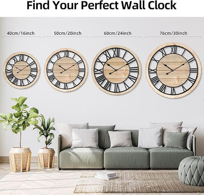 Maxstar 16'' Wall Clock for Living Room Decor, Ultra-Silent Rustic Wooden Farmhouse Wall Clock with Metal & Real Wood Frame, Battery Operated, for Kitchen Bedroom Office, Roman Numerals