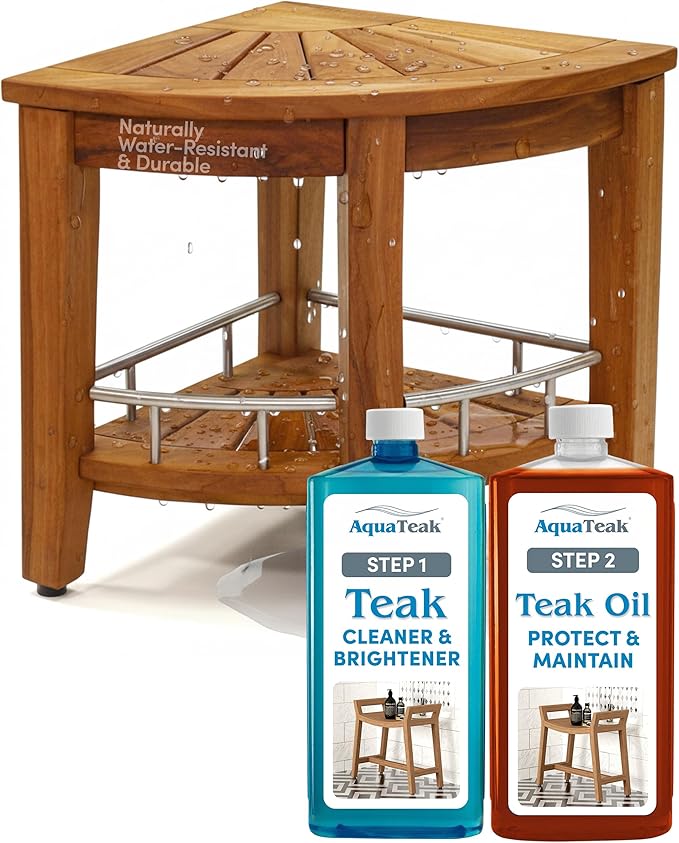AquaTeak Patented 15.5" Kai Stainless Corner Teak Shower Bench - Shower Stool with Storage Shelf for Bathroom - Water Resistant Shower Chair with Teak Oil & Cleaner CareKit - Shaving Foot Rest