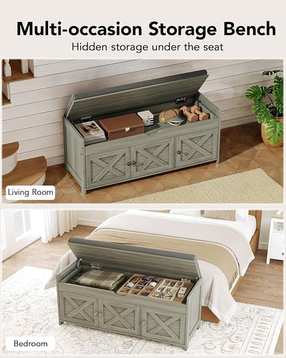 Pipishell Shoe Storage Bench, 2-Tier Shoe Bench with Cushioned Seat, Entryway Bench with Adjustable Shelf & Barn Doors, 300 lbs Capacity, 39.4" x 15" x 18", for Entryway, Bedroom, Living Room, Gray