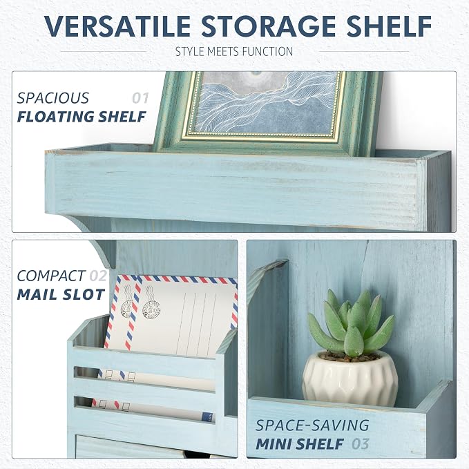 Rebee Vision Farmhouse Key Holder Wall Mount with Drawer Organizer – Pine Wooden Mail & Key Organizer with 6 Sturdy Hooks & Floating Shelf – A Perfect Touch of Style for Rustic Home Decor (Blue)