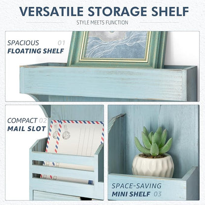 Rebee Vision Farmhouse Key Holder Wall Mount with Drawer Organizer – Pine Wooden Mail & Key Organizer with 6 Sturdy Hooks & Floating Shelf – A Perfect Touch of Style for Rustic Home Decor (Blue)