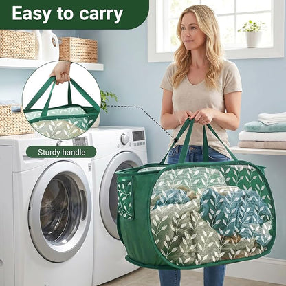 Durable Collapsible Laundry Baskets, Foldable Laundry Basket with Handy Pocket, Mesh Pop Up Clothes Hamper with Reinforced Carry Handles for Laundry, Bathroom, Kids Room, Travel -Leaf Print, Green