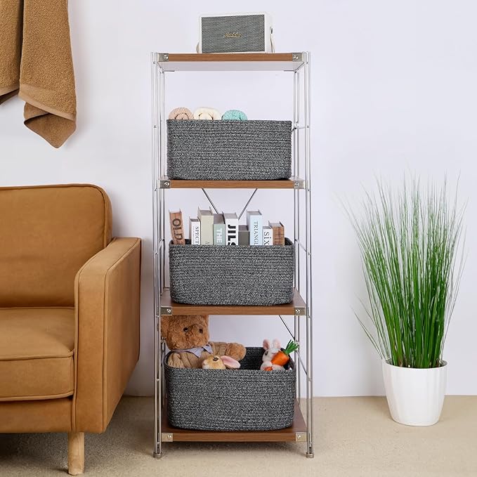 MiniArk Large Storage Baskets for Shelves, Closet Organizers Bins for Clothes Blanket Towels, Baby Nursery, Toy Baskets Box, Woven Rope Baskets, 17 x 13 x 7.5”, 3 Packs Dark Gray