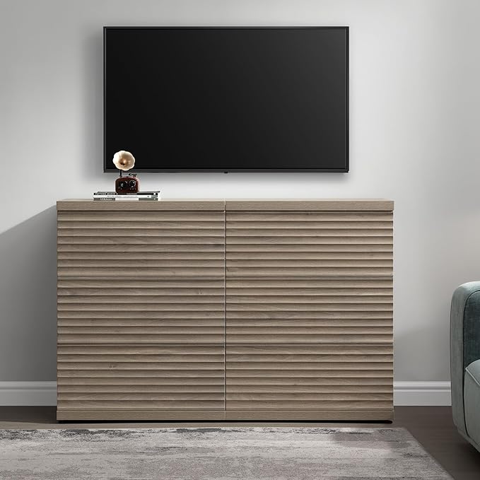 SICOTAS Fluted Sideboard Buffet Cabinet with Storage, Modern Credenza Storage Cabinet with 3 Larger Drawers, Mid Century Coffee Bar Table for Living Room Entryway Kitchen, Grey Alder (2 PCS)