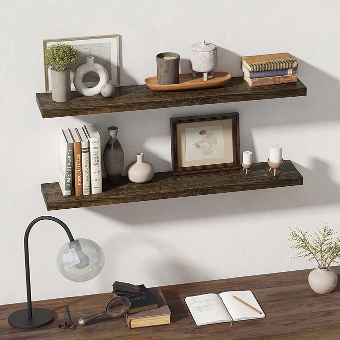 Dreamland Rustic Wood Floating Shelves for Wall Decor, Elm Wood Shelves 48 Inch Long, 8 Inch Deep Floating Shelf for Living Room Bathroom Bedroom Kitchen, 48 x 8 Wall Shelves Set of 1, Walnut Color