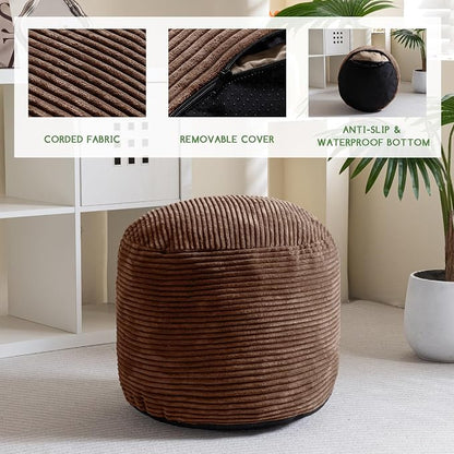 HIGOGOGO Round Stuffed Pouf Ottoman, Corduroy Poufs with Foam Chunk Filling, Furry and Fluffy Pouf Foot Stool Storage Ottoman, 20 X 15 Floor Poufs Foot Rest for Living Room, Brown