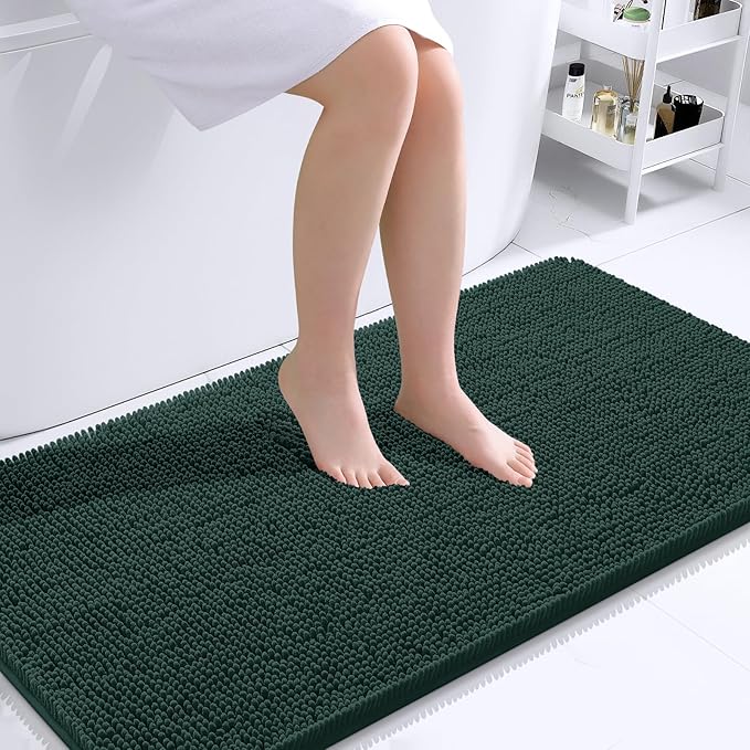 OLANLY Bathroom Runner Rugs 44x24, Soft Absorbent Chenille Bath Rugs, Rubber Backing Quick Dry, Machine Washable Long Bath Mats for Bathroom, Tub and Shower, Home Decor Accessories, Blackish Green