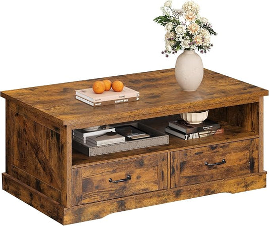 WLIVE Coffee Table for Living Room, 43" Framhouse Coffee Table with 2 Storage Drawers, Modern Center Table with Open Display Area, Elegant Curved Base, Rustic Brown