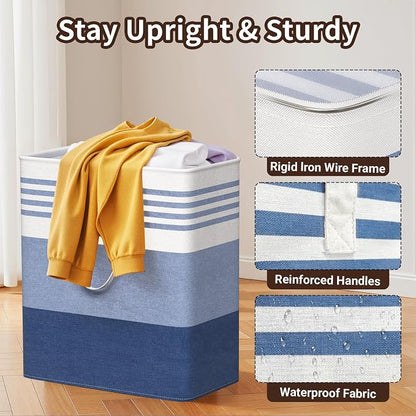 WOWBOX 2 Pack Laundry Baskets, Laundry Hampers, Freestanding Dirty Clothes Hampers with Reinforced Handles & Cross Stitch & Waterproof Coating, for Laundry Bedroom Bathroom Dorm,100L Blue