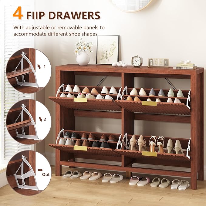 Shoe Cabinet Storage for Entryway, Fluted Walnut Shoe Cabinet with 4 Flip Drawers, Hidden Shoe Rack Freestanding Wooden Shoe Organizer with Legs for Hallway