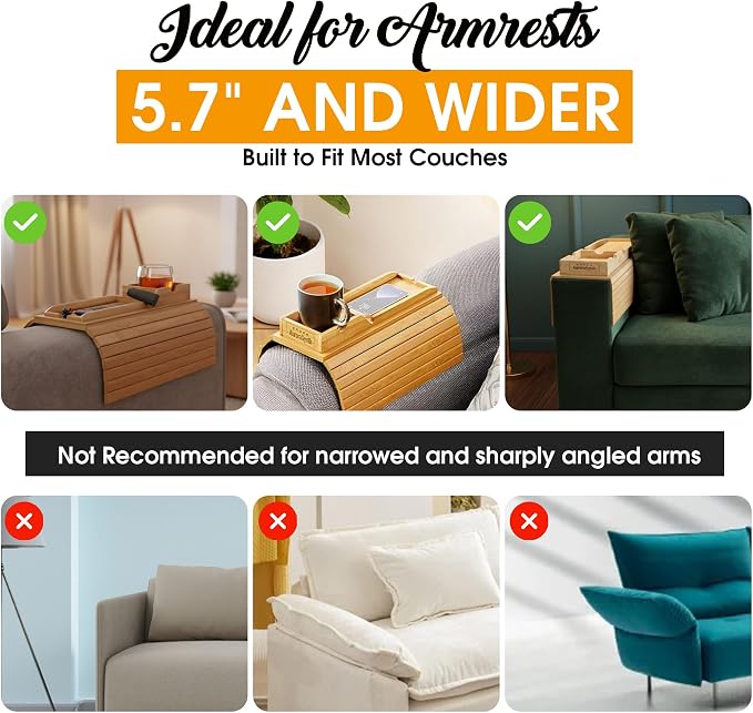 Bamboo Couch Cup Holder Tray with 2 Cork Coasters, Couch Arm Tray, 2 in 1 Anti-Slip Foldable Sofa Arm Tray, Couch Armrest Table, Anti-Spill Couch Arm Table for Drinks TV Remote Cellphone Snacks