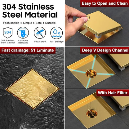 DLONE Square Shower Drain | 6 Inch Brushed Gold AISI 304 Stainless Steel Shower Drain with 2-in-1 Tile Insert Panel, Shower Floor Drain in Bathroom, Balcony etc