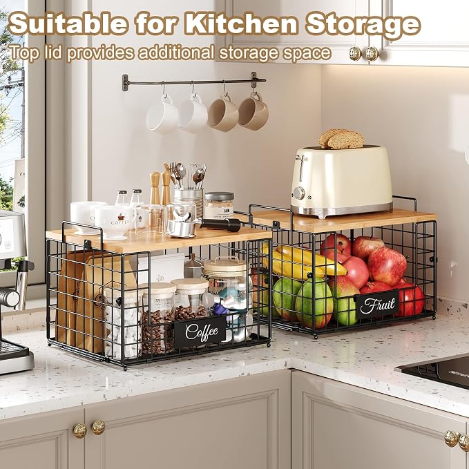 keomaisyto Pantry Organizers and Storage, 2 Set XXL Stackable Wire Baskets with Wooden Tops & Tags, Kitchen Counter Organizers Bins for Potato, Onion, Produce, Fruit, Vegetable