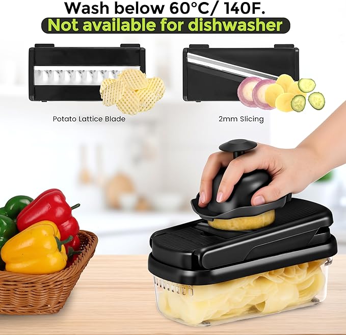 Vegetable Chopper,12-in-1 Multifunctional Food Chopper,Professional Onion Chopper with 7 Blades,Vegetable Cutter with Container for Salad,Potato,Carrot,and Garlic Essential Kitchen Tool (Black)