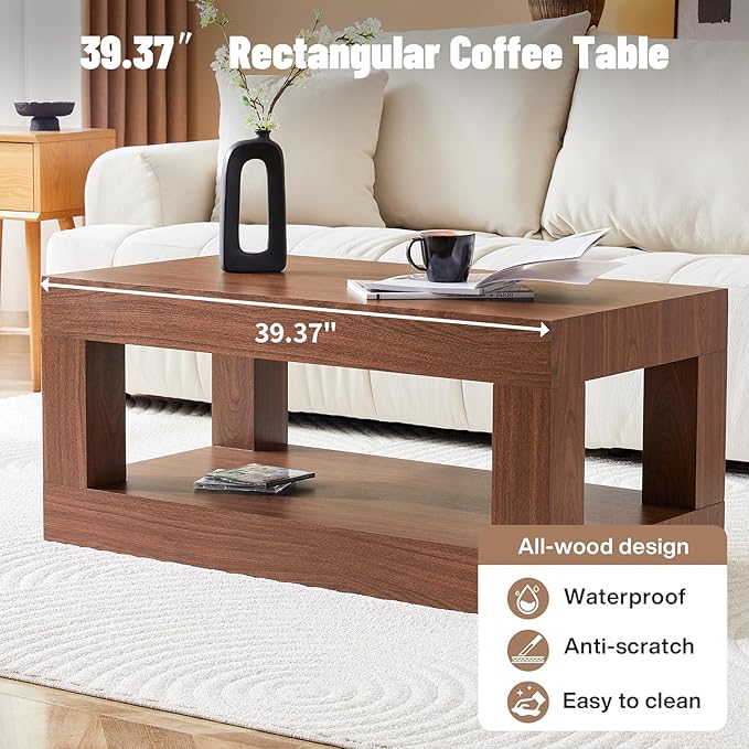 LKTART 39.37" Coffee Table with Storage, 2-Tier Mid Century Rectangular Accent Table with Thick Tabletop, Rustic Style Cocktail, Center Table for Living Room, Office, Apartment (Walnut)