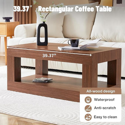 LKTART 39.37" Coffee Table with Storage, 2-Tier Mid Century Rectangular Accent Table with Thick Tabletop, Rustic Style Cocktail, Center Table for Living Room, Office, Apartment (Walnut)