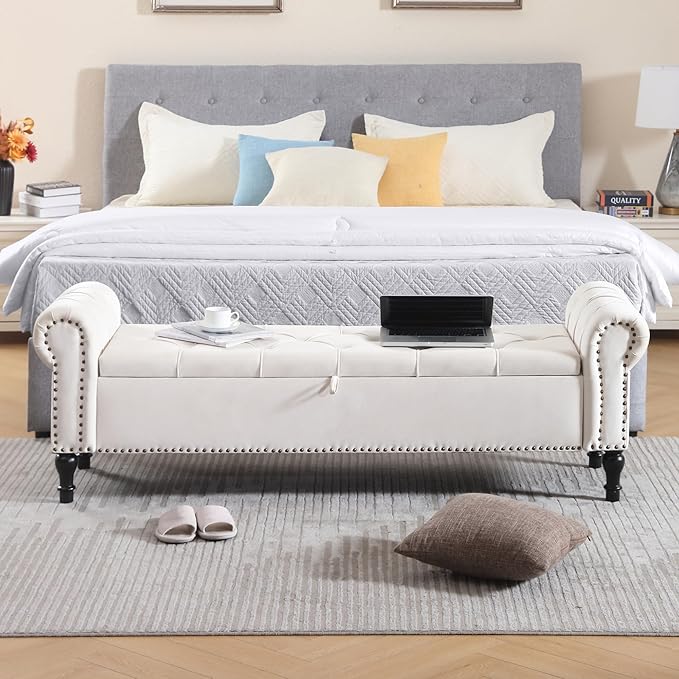 Velvet Storage Bench 67 Inch Upholstered Tufted Ottoman Bench with Arms Large Storage Space King Size End of Bed Benches for Bedroom Living Room Entryway Beige