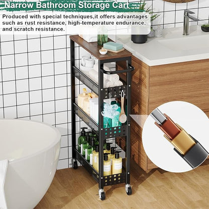 Utility Slim Storage Cart, Skinny Rolling Spice Rack with Table Top, Small Laundry Organizers and Storage Shelves for Between Washer and Dryer, Thin Shelf for Narrow Spaces, 4 Tier Bathroom Cabinet
