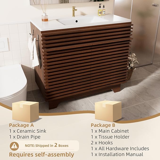 VNN 36 Inch Bathroom Vanity with Ceramic Sink - Freestanding Modern Bathroom Storage Vanity Cabinet with Fluted Design, Soft-Close Doors, Shelves, Toilet Paper Holder & Towel Hooks, Walnut