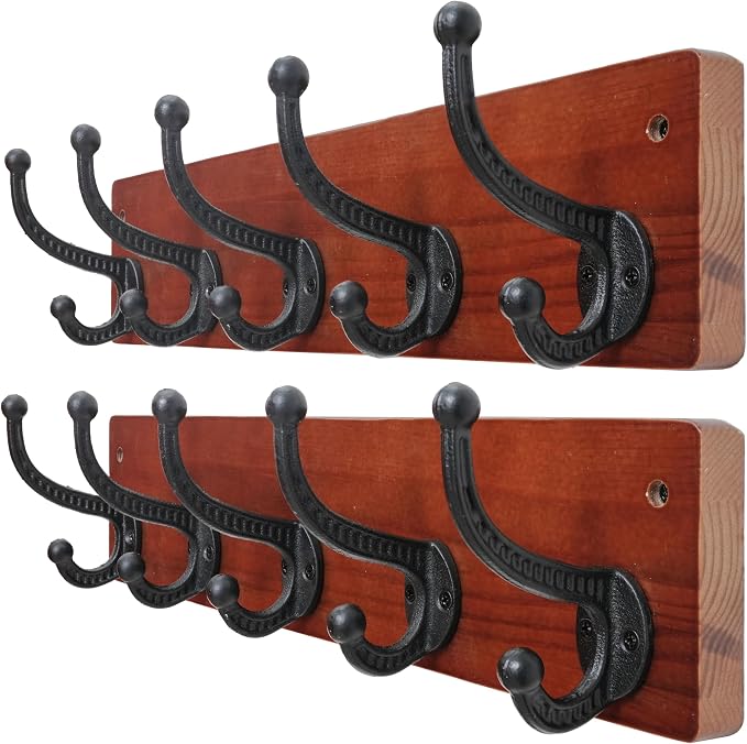 WEBI Rustic Coat Rack Wall Mount,5 Cast Iron Coat Hooks Wall Mounted,Heavy Duty Wood Wall Coat Hanger Hooks for Hanging Coats,Jacket,Clothes,Backpack,Farmhouse,Cherry,2 Packs
