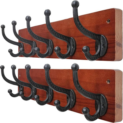 WEBI Rustic Coat Rack Wall Mount,5 Cast Iron Coat Hooks Wall Mounted,Heavy Duty Wood Wall Coat Hanger Hooks for Hanging Coats,Jacket,Clothes,Backpack,Farmhouse,Cherry,2 Packs