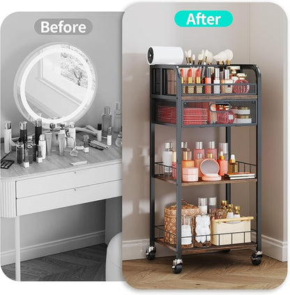 HapiRm Makeup Organizer Storage Cart - 4 Tier Skincare Make Up Storage with Drawer, Rolling Makeup Cart Vanity Organizer Cosmetics Display Cases Holder for Skin Care Perfume Nail Polish Brush