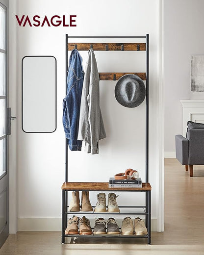 VASAGLE Coat Rack, Hall Tree with Shoe Storage Bench, Entryway Bench with Shoe Storage, 3-in-1, Steel Frame, for Entryway, 12.6 x 27.6 x 68.9 Inches, Industrial, Rustic Brown and Black UHSR41BX