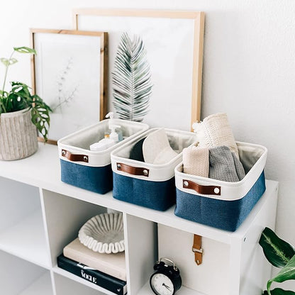 OrganiHaus Small Fabric Storage Baskets for Shelves 3 Pack, 12x08in Closet Storage Bins for Shelves, Canvas Baskets for Organizing, Linen Closet Organizers, Cloth Basket, Navy Blue/Off-White