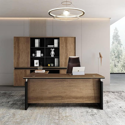 SAINTCY 63 Inch L-Shaped Executive Desk, Industrial Modern Wood Office Desk with 3 Drawers, Built-in Cable Management & Power Outlet, Real Wood Finish, Reversible Left/Right Return Home Workstation