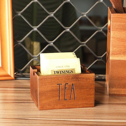Acacia Sugar Packet Caddy for Coffee Bar, Farmhouse Wood Sugar Holder Packets , Sugar Packet Container, Small Tea Bag Organizer for Office Table,Hotel, Restaurant (Brown-Labeled "TEA")
