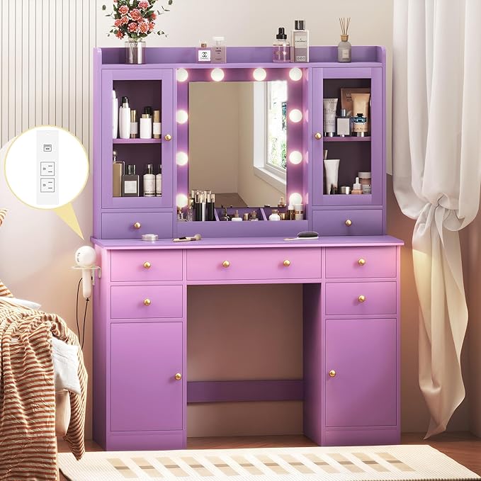 Vanity Desk with Mirror and Lights, Purple Vanity with Lighted Mirror & Power Outlet and 7 Drawers, 3 Color Modes Adjustable, Makeup Dressing Table Set with Lights for Girls Women