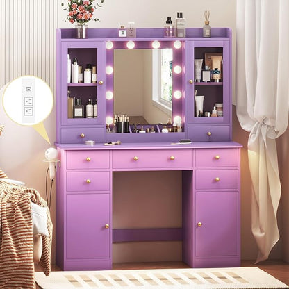 Vanity Desk with Mirror and Lights, Purple Vanity with Lighted Mirror & Power Outlet and 7 Drawers, 3 Color Modes Adjustable, Makeup Dressing Table Set with Lights for Girls Women