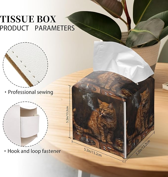 Grace Yonks Cute Cat Tissue Box Cover Square, Smoking Cat Cube Case for Facial Tissues, 5.2" PU Leather(067)